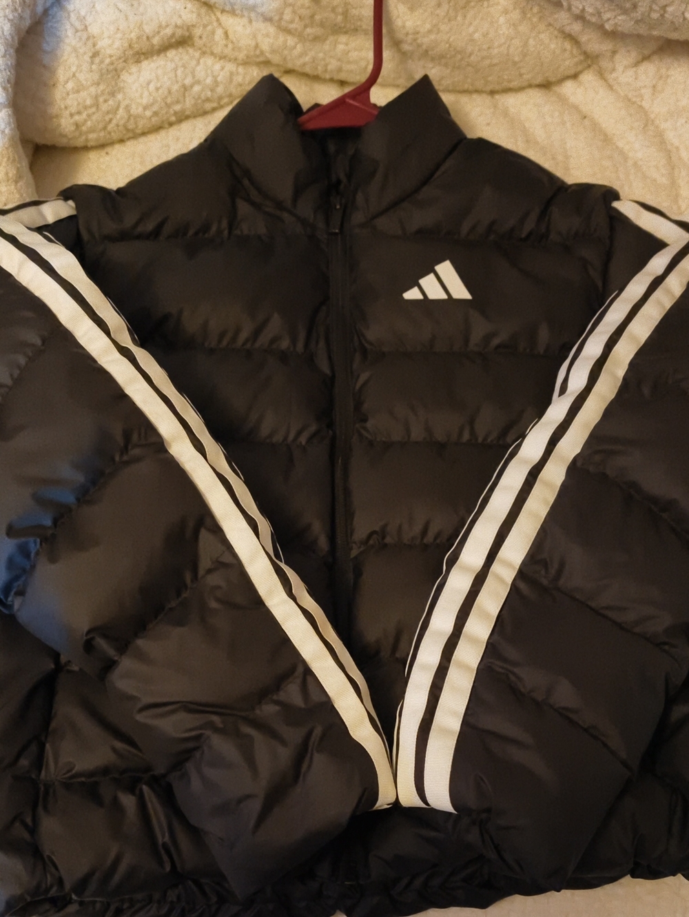 adidas Black Puffer Jacket with White Stripe Accents